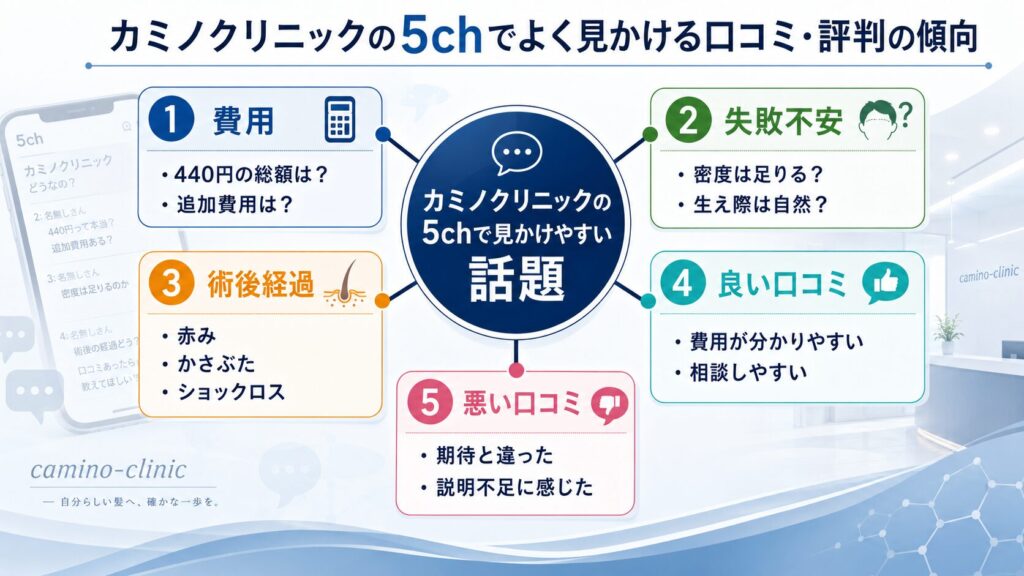 カミノクリニックの5chで見かけやすい口コミや評判の傾向を費用・失敗不安・術後経過に分けた図解