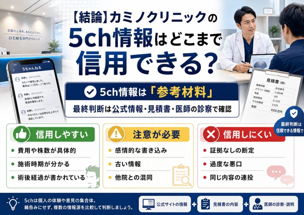 カミノクリニックの5ch情報を信用しやすい情報と注意すべき情報に分けて解説した図解