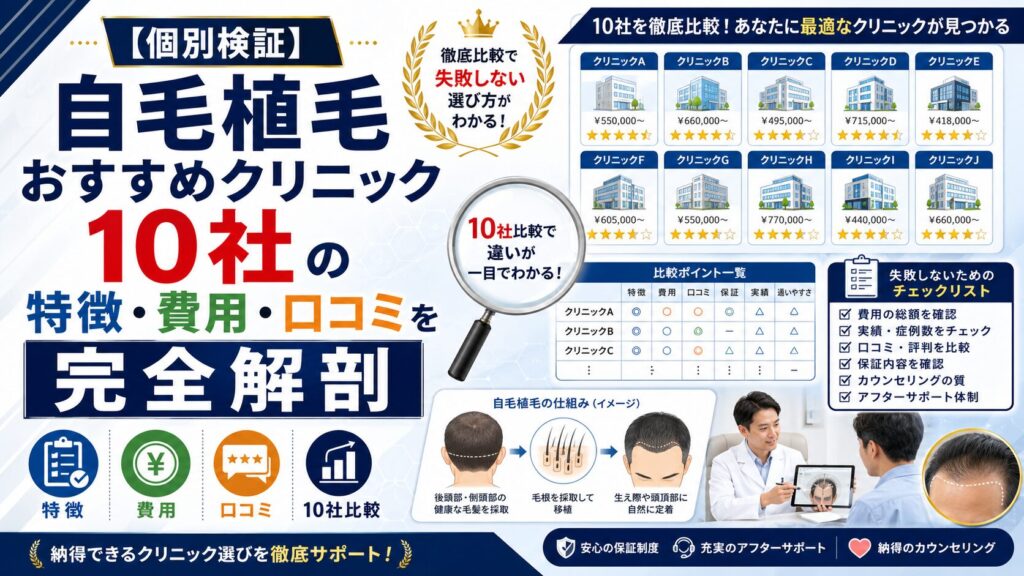 【個別検証】自毛植毛おすすめクリニック10社の特徴・費用・口コミを完全解剖