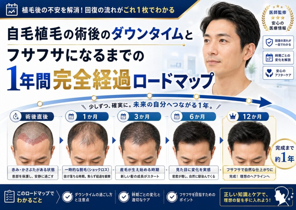 自毛植毛の術後のダウンタイムとフサフサになるまでの1年間完全経過ロードマップ