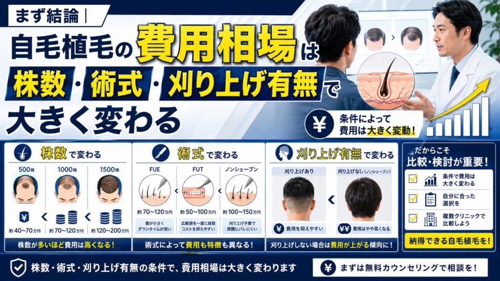 まず結論|自毛植毛の費用相場は株数・術式・刈り上げ有無で大きく変わる