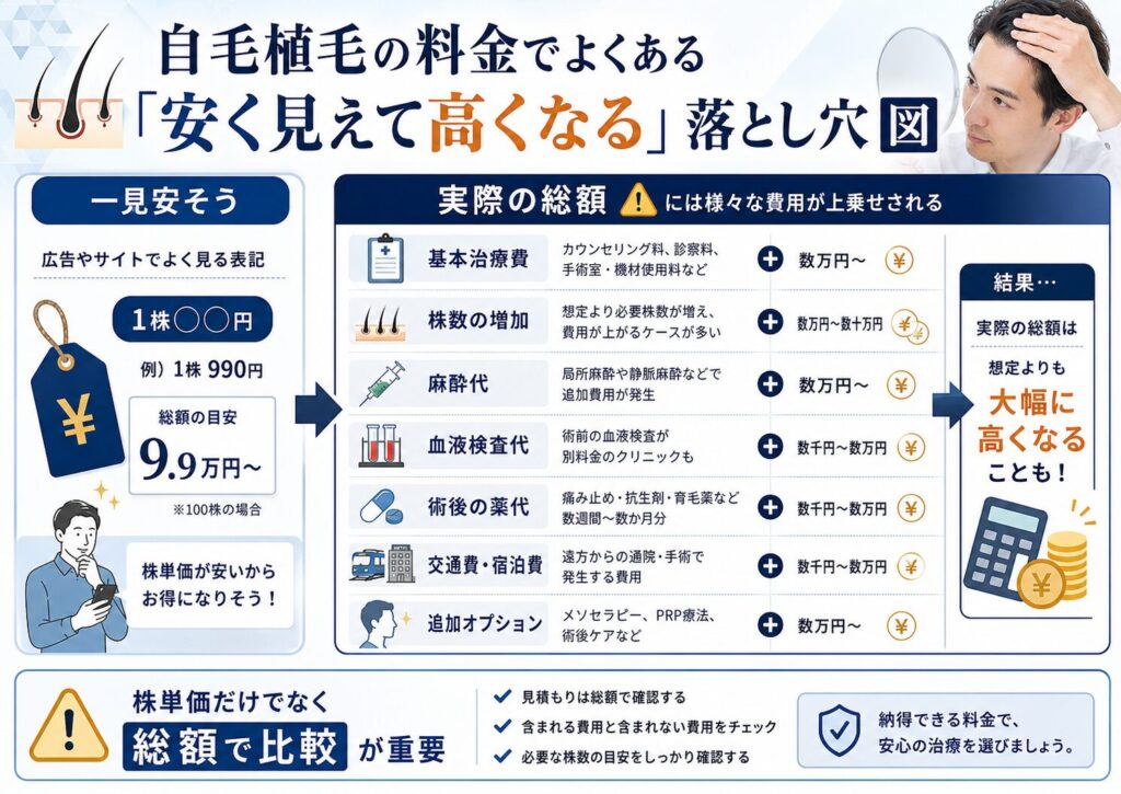 自毛植毛の料金でよくある「安く見えて高くなる」落とし穴