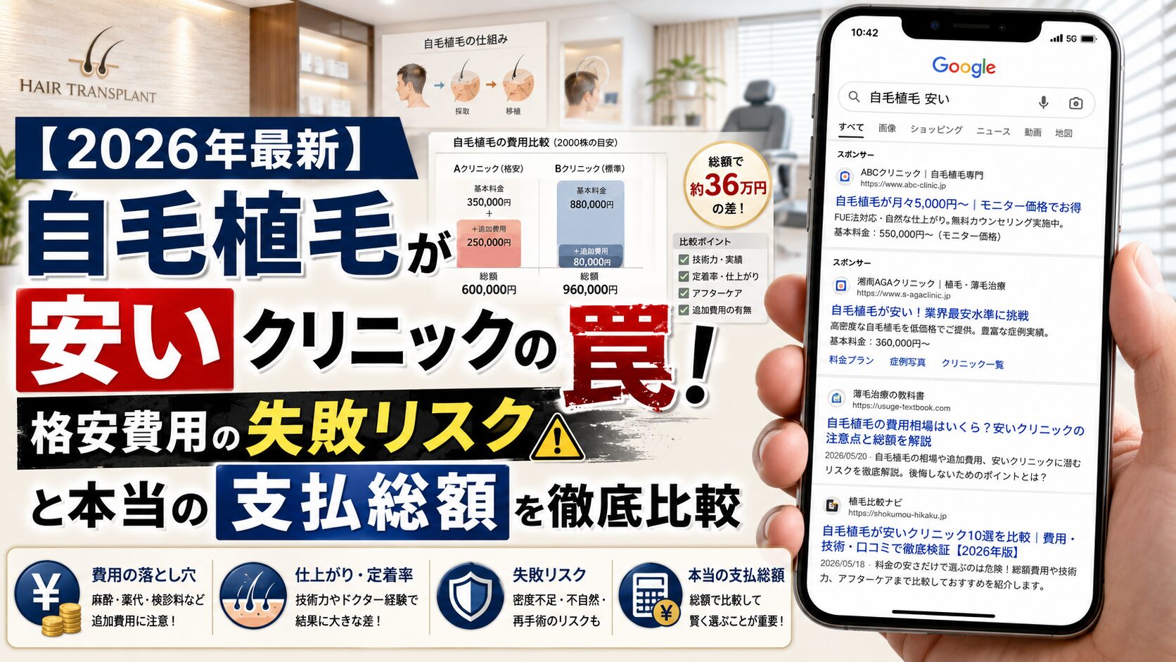 【2026年最新】自毛植毛が安いクリニックの罠！格安費用の失敗リスクと本当の支払総額を徹底比較