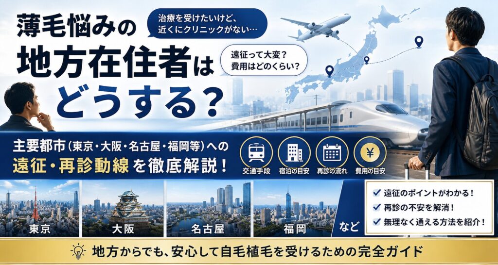 薄毛悩みの地方在住者はどうする？主要都市（東京・大阪・名古屋・福岡等）への遠征・再診動線