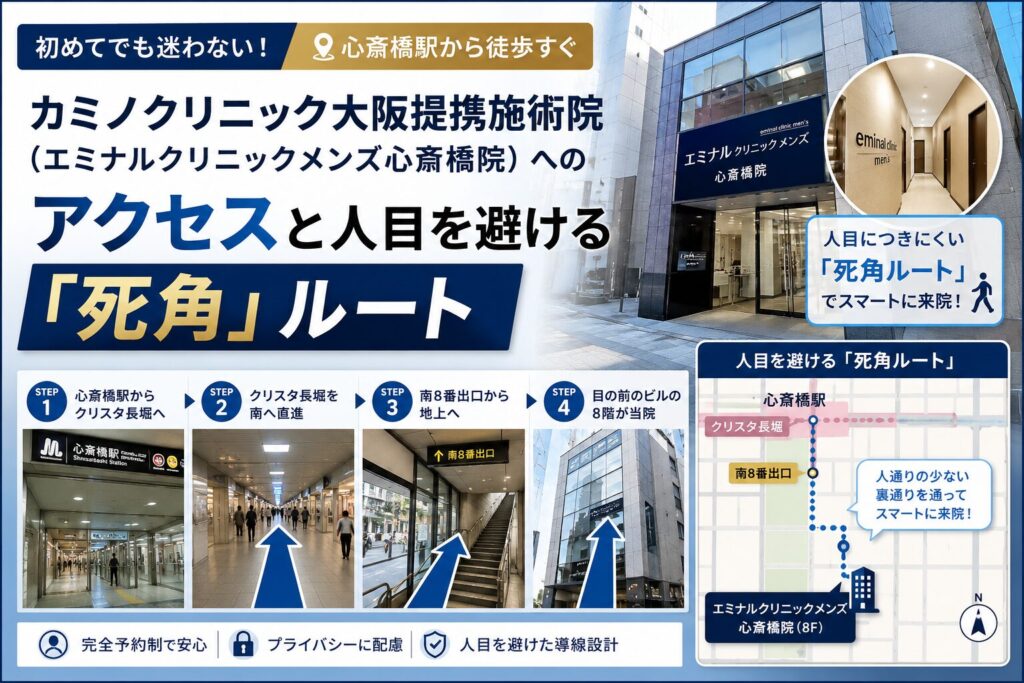カミノクリニック大阪提携施術院(エミナルクリニックメンズ心斎橋院)へのアクセスと人目を避ける「死角」ルート