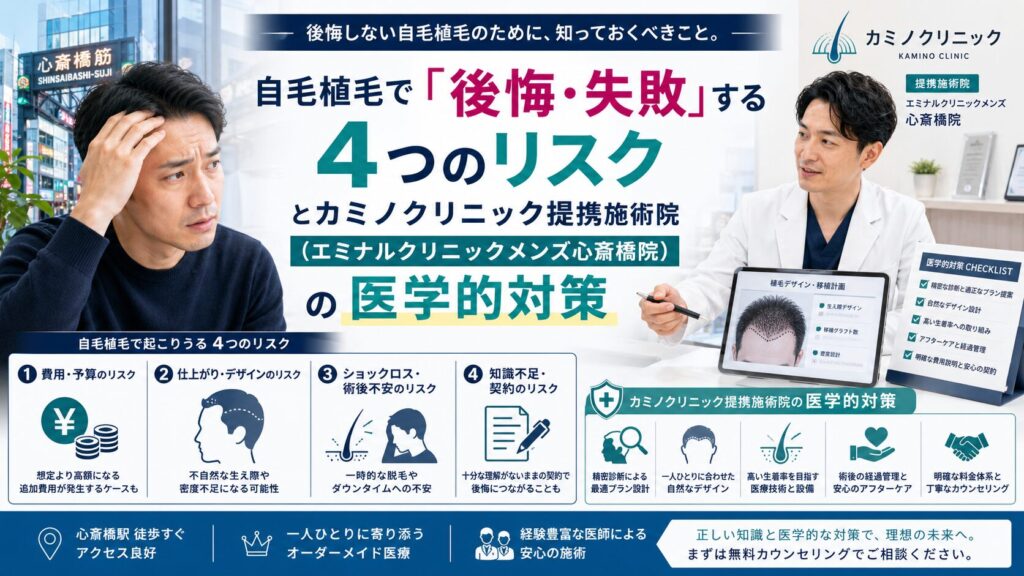 自毛植毛で「後悔・失敗」する4つのリスクとカミノクリニック提携施術院(エミナルクリニックメンズ心斎橋院)の医学的対策自毛植毛で「後悔・失敗」する4つのリスクとカミノクリニック提携施術院(エミナルクリニックメンズ心斎橋院)の医学的対策