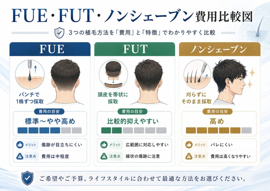 FUE・FUT・ノンシェーブン費用比較図