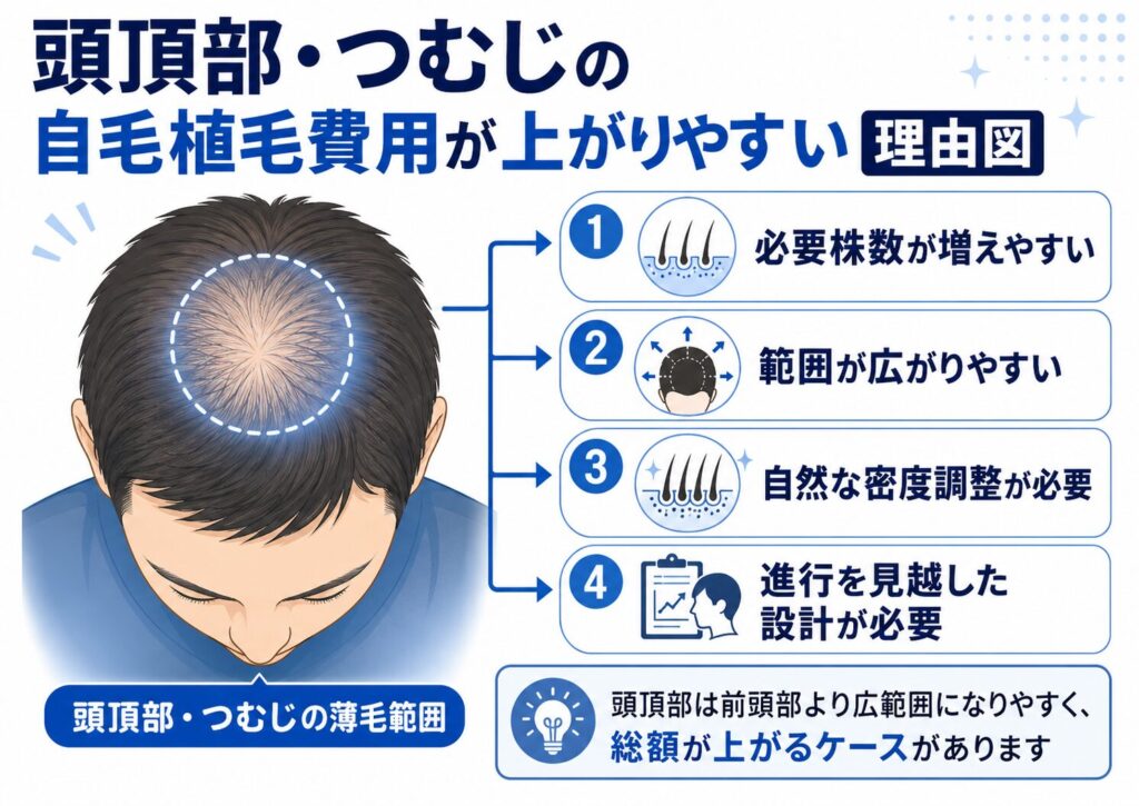 頭頂部・つむじの自毛植毛費用が上がりやすい理由図