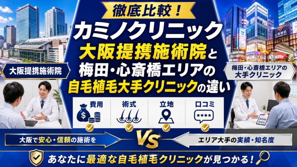 徹底比較!カミノクリニック大阪提携施術院と梅田・心斎橋エリアの自毛植毛大手クリニックの違い