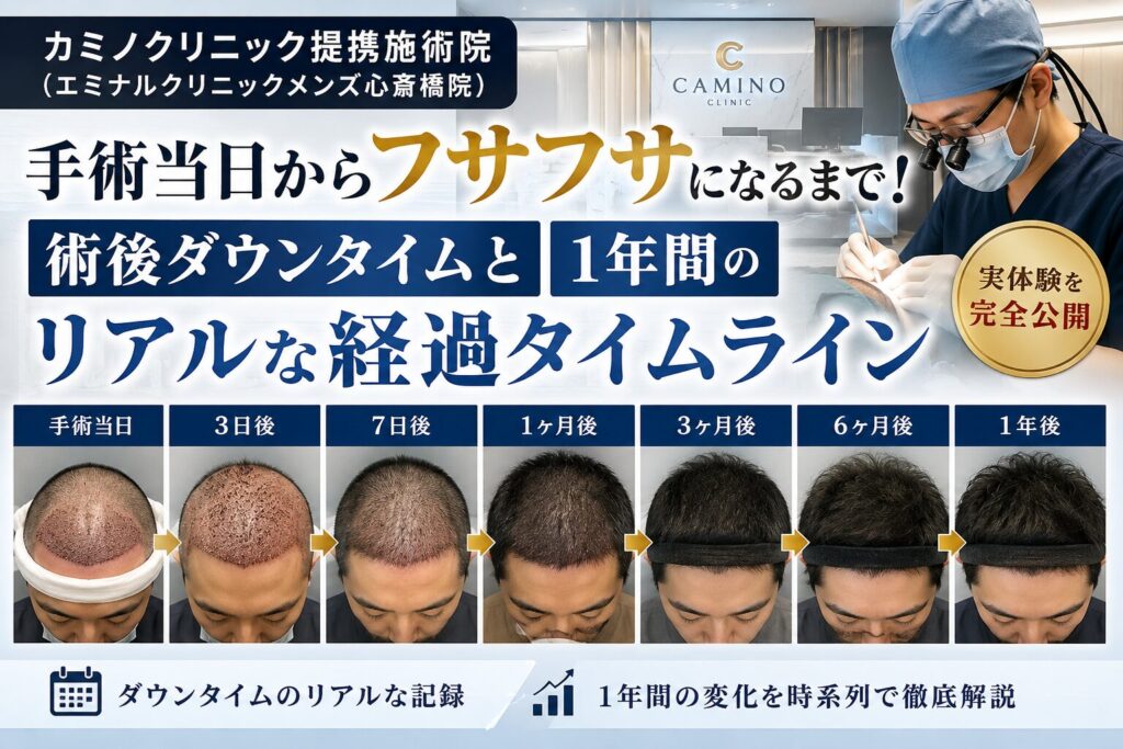 カミノクリニック提携施術院(エミナルクリニックメンズ心斎橋院)の手術当日からフサフサになるまで!術後ダウンタイムと1年間のリアルな経過タイムライン