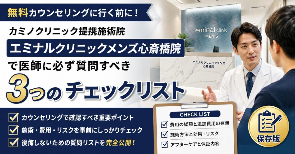無料カウンセリングに行く前に!カミノクリニック提携施術院(エミナルクリニックメンズ心斎橋院)で医師に必ず質問すべき3つのチェックリスト