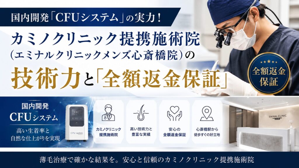 国内開発「CFUシステム」の実力!カミノクリニック提携施術院(エミナルクリニックメンズ心斎橋院)の技術力と「全額返金保証」
