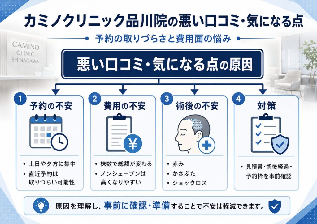 カミノクリニック品川院の悪い口コミで見られる予約や費用、術後経過の不安を整理した図解