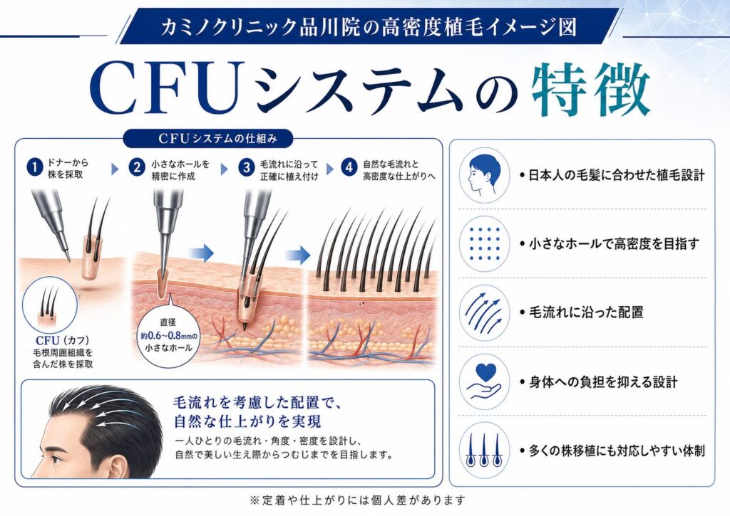 カミノクリニック品川院のCFUシステムによる高密度植毛と自然な毛流れを説明する図解