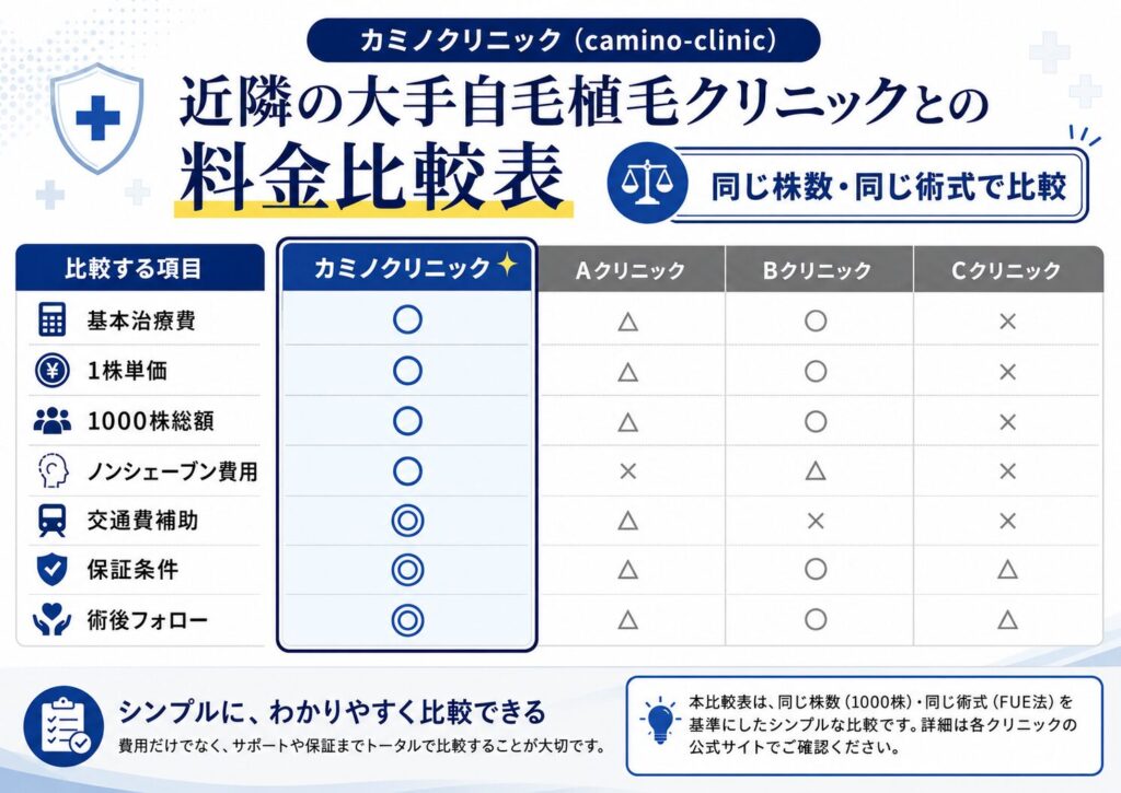 カミノクリニック品川院と近隣の大手自毛植毛クリニックとの料金比較表