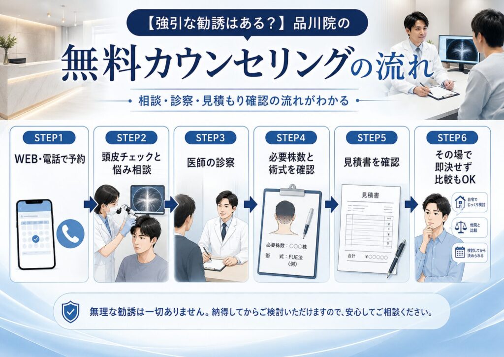 カミノクリニック品川院の無料カウンセリングから診察、見積もり確認までの流れを示した図解