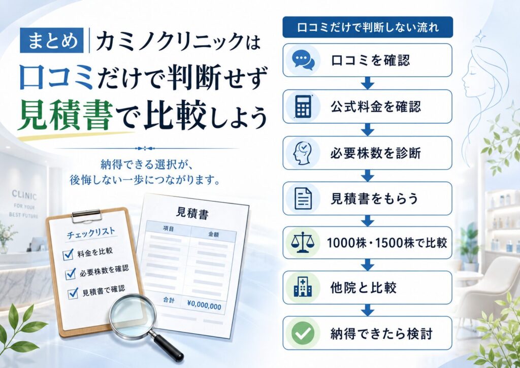 カミノクリニック品川院を口コミだけで判断せず見積書や他院比較で検討する流れを示した図解