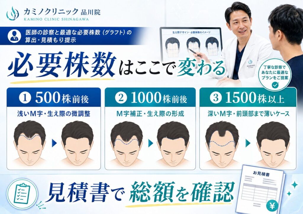 カミノクリニック品川院の診察で必要株数を500株、1000株、1500株で比較する図解