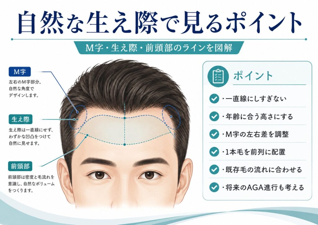 カミノクリニック品川院の自毛植毛で自然な生え際を作るためのデザインポイントを示した図解