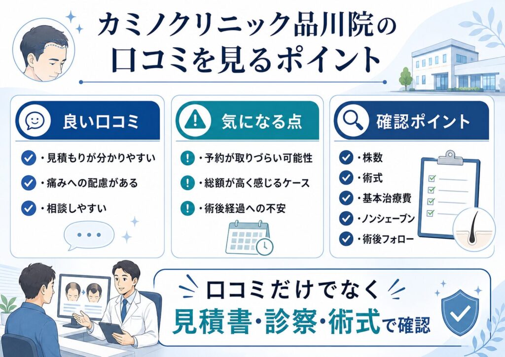 カミノクリニック品川院の良い口コミと悪い口コミ、確認ポイントをまとめた図解