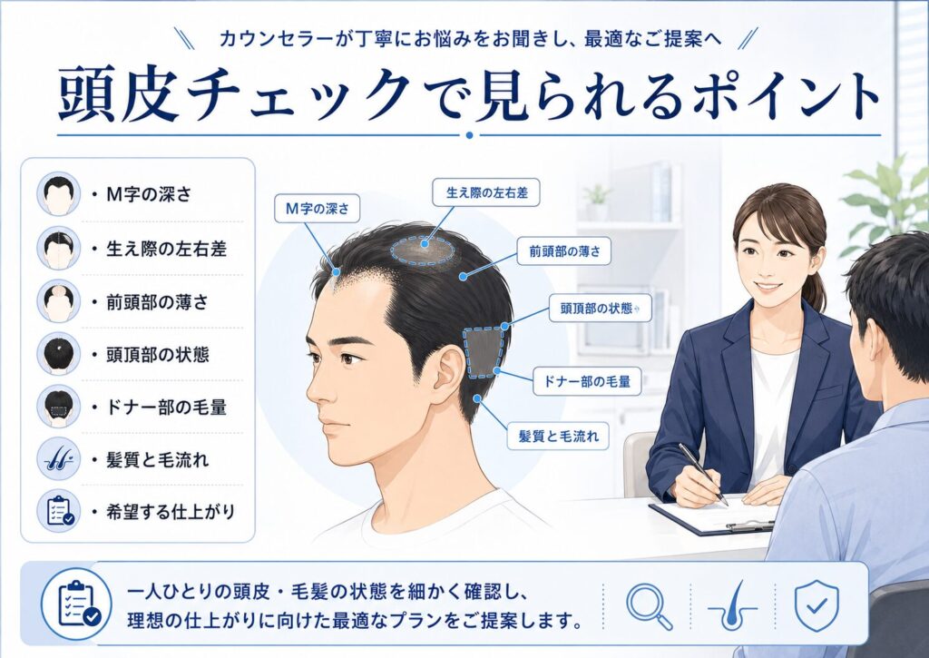 カミノクリニック品川院のカウンセリングで確認したいM字や生え際、ドナー部の頭皮チェック項目