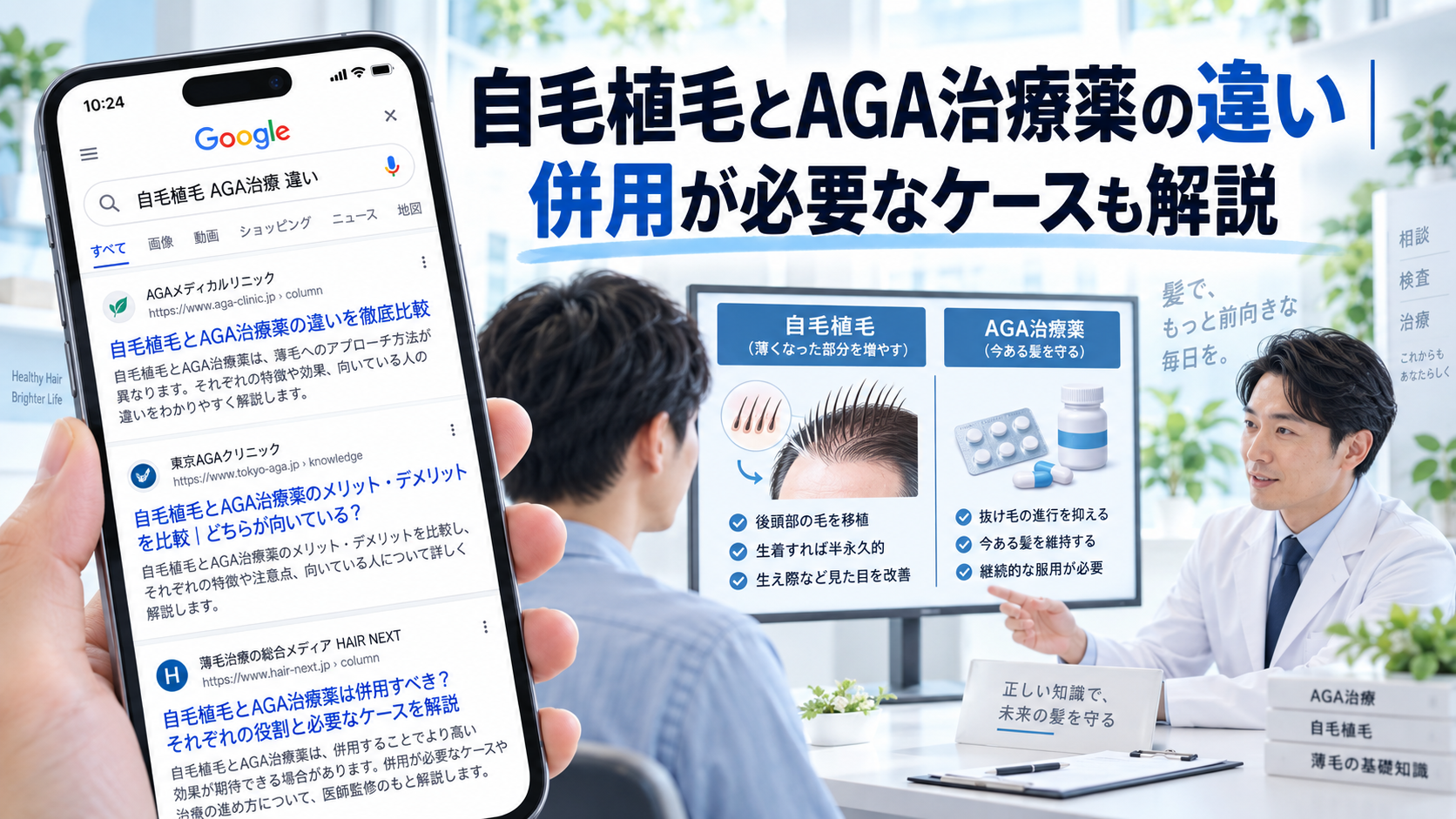 自毛植毛とAGA治療薬の違い|併用が必要なケースも解説【2026年最新】